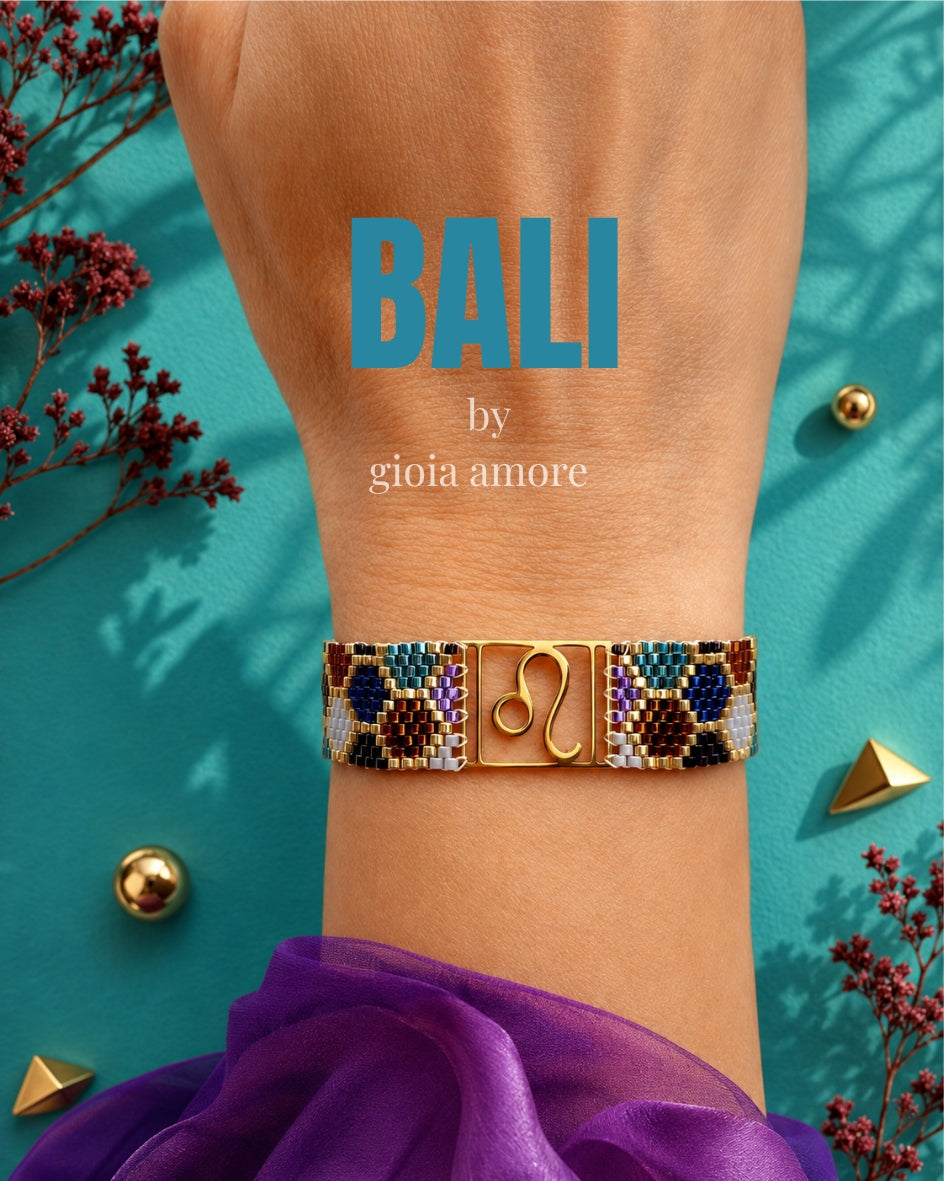 Brățară Miyuki personalizată BALI, în nuanțe de turcoaz, albastru, violet, chihlimbar și auriu