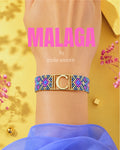 Bratara Miyuki personalizata MALAGA, in nuante de albastru, fuchsia, negru si auriu, purtata la incheietura
