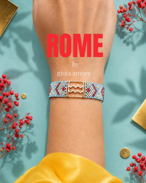 Brățară Miyuki personalizată ROME, în nuanțe de roșu, gri pal, coral și auriu, cu simbolul zodiei Vărsător