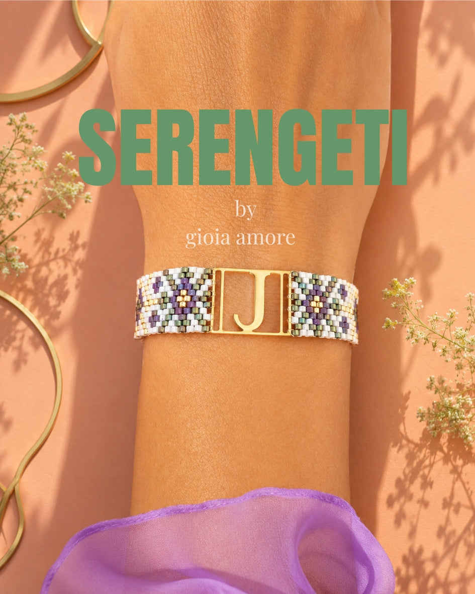 Brățară Miyuki personalizată SERENGETI, în nuanțe de ivoire, verde măsliniu, taupe, burgundy și auriu