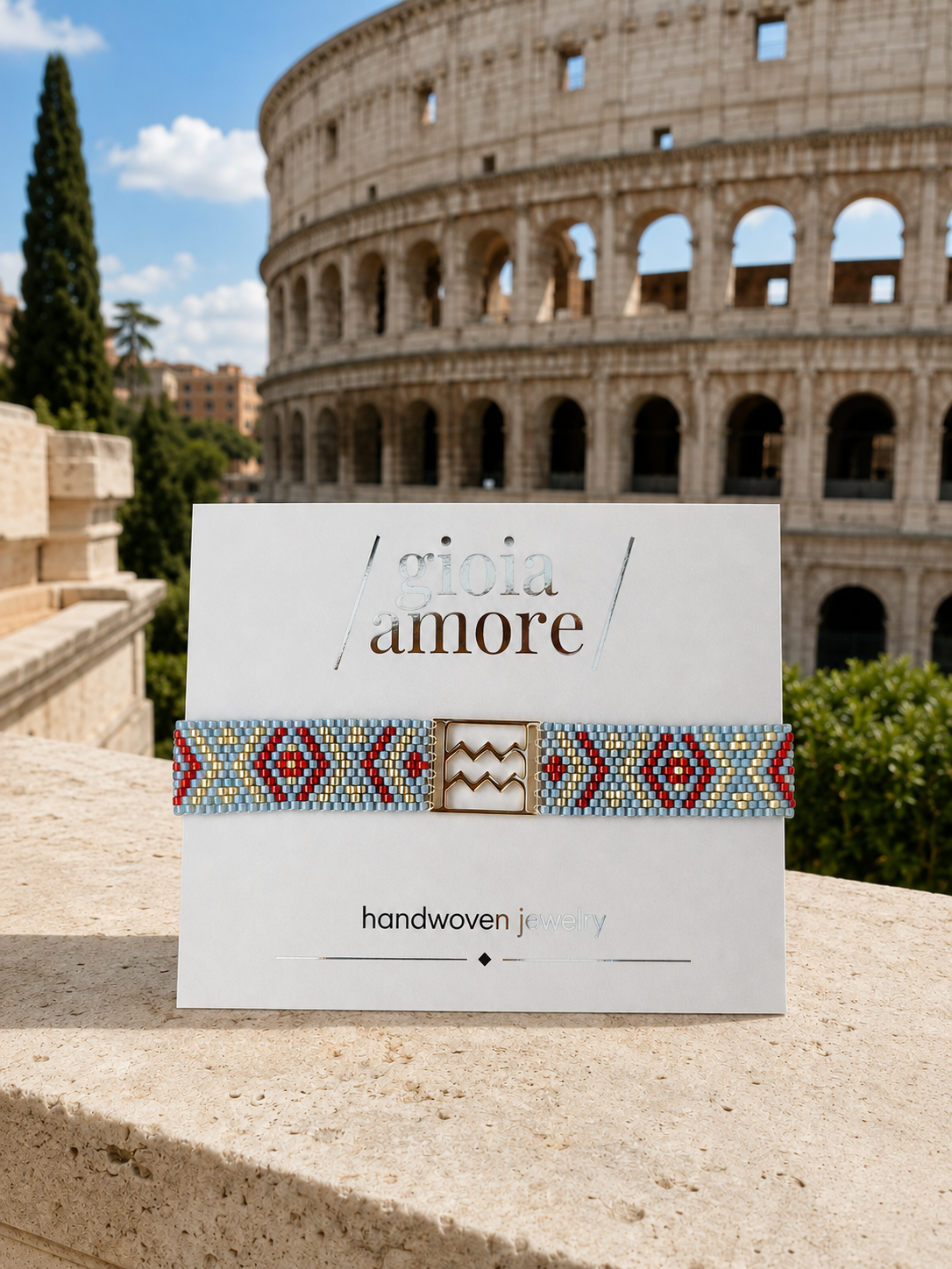 Brățară Miyuki personalizată ROME, în nuanțe de roșu, gri pal, coral și auriu