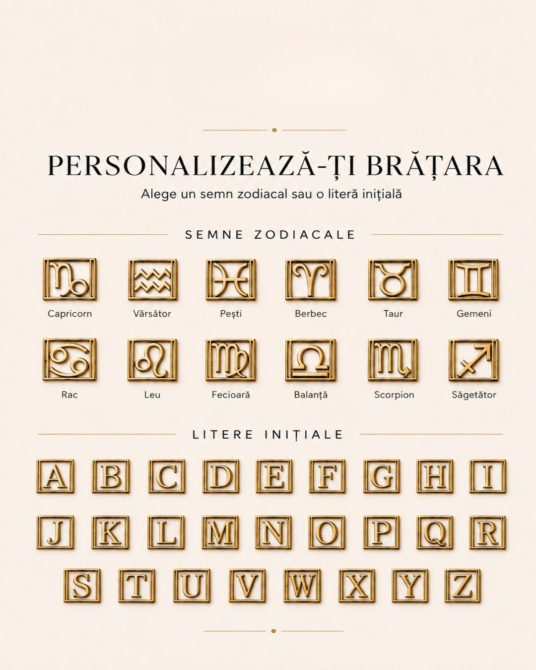 Opțiuni de personalizare pentru brățara Miyuki CAIRO cu inițiale și semne zodiacale