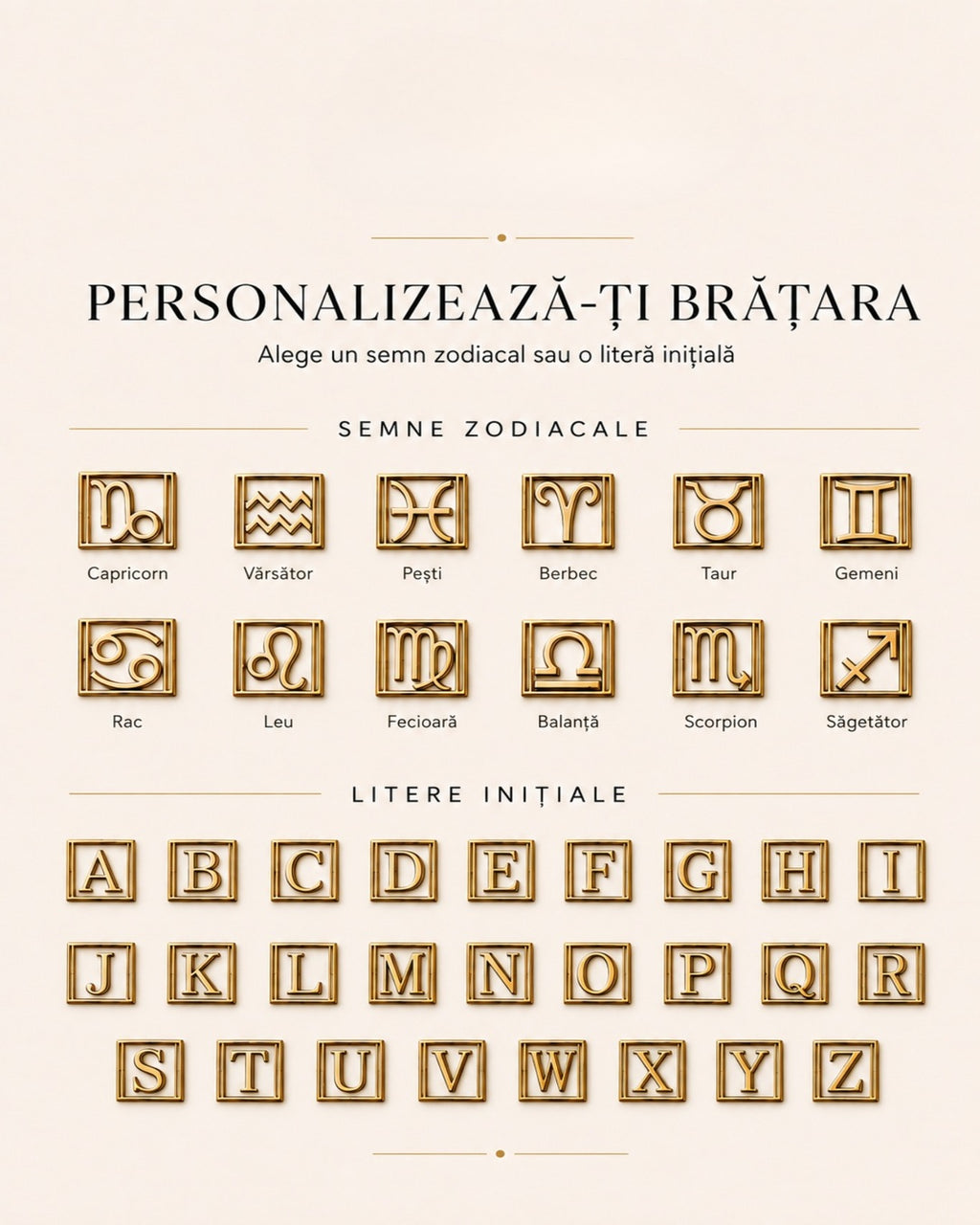 Optiuni de personalizare pentru brătara Miyuki FIRENZE cu initiale și semne zodiacale